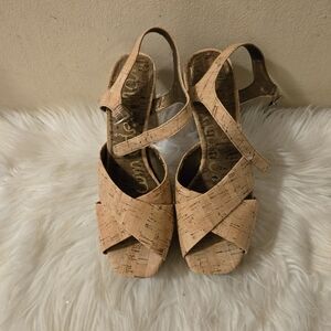 Sam Edelman Mabel Sand Cork Heels Women's Tan Sandals Size 8.5 M